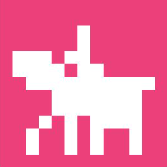 Jinete y su caballo, con la mano y cabeza respectivamente apuntando a la izquierda, vistos de perfil, abstraídos en pictograma y arte pixel.