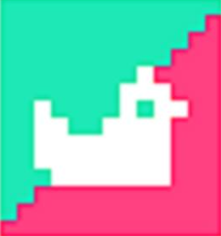 Pato en el agua visto de perfil abstraído en pictograma y arte pixel.
