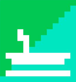 Silueta de un hombre sobre una canoa en el agua,  abstraído en pictograma y arte pixel.