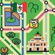 Mapa realizado en arte pixel en el que aparecen la bandera de México de la Plaza de la Constitución y el Palacio de Bellas Artes,con líneas del metro trazadas a su alrededor.