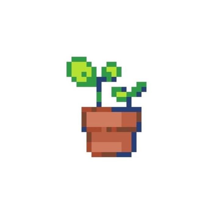 Maceta con dos brotes de plantas, vista de frente en arte pixel.